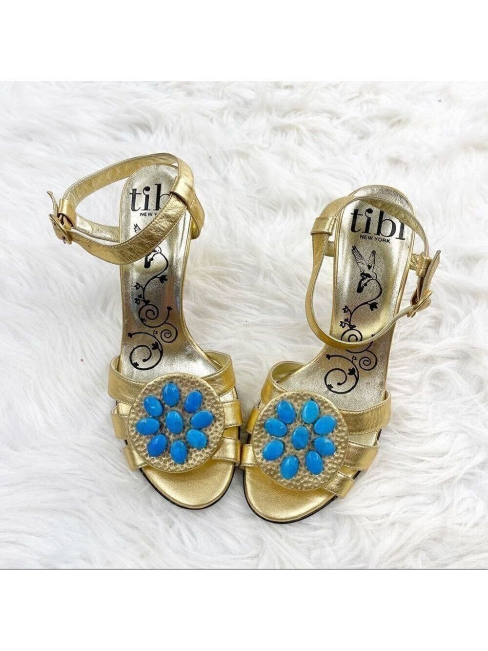 Tibi Metallic Gold Turquoise Beaded Strappy Heeled Sandals